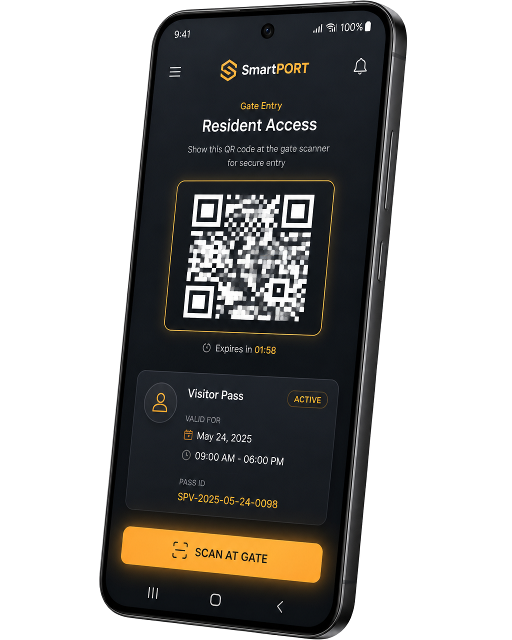 SmartPORT mobile app showing a QR entry code on a dark, amber-accented dashboard